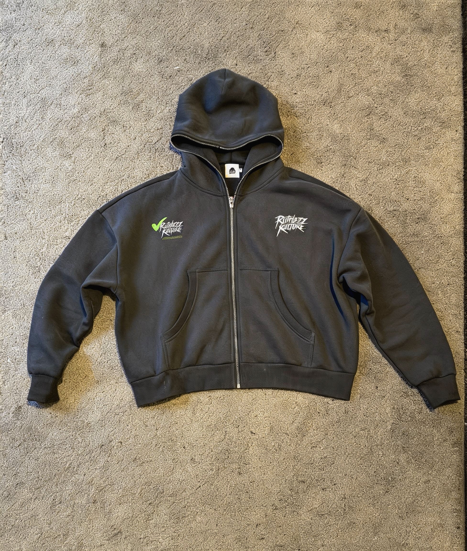 RK ‘Ruthlezz Kulture Approved’ Fleeced Full-Zip Boxy Hoodie